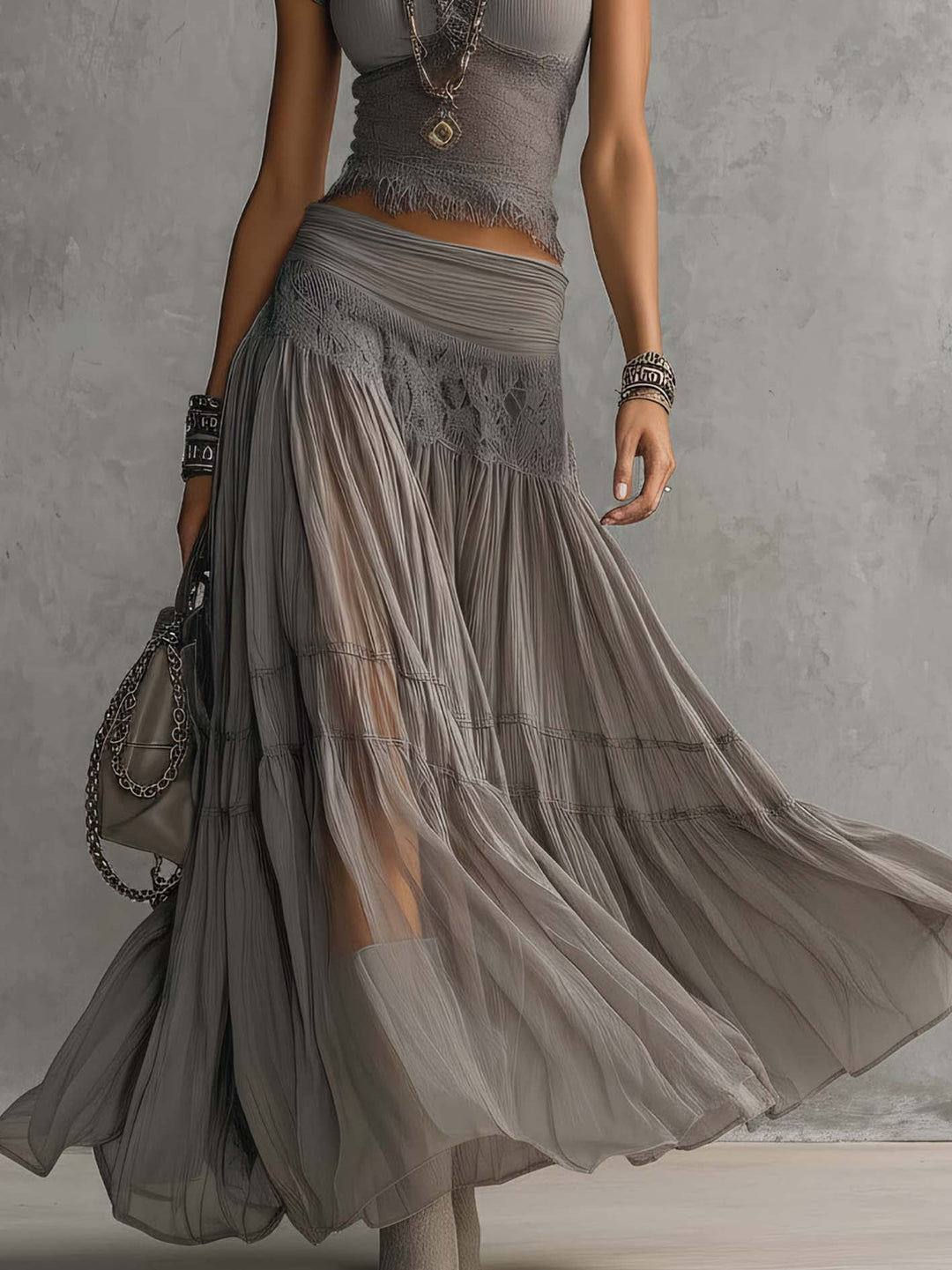 Gray lace panel top and flowing tiered maxi skirt, three quarter view