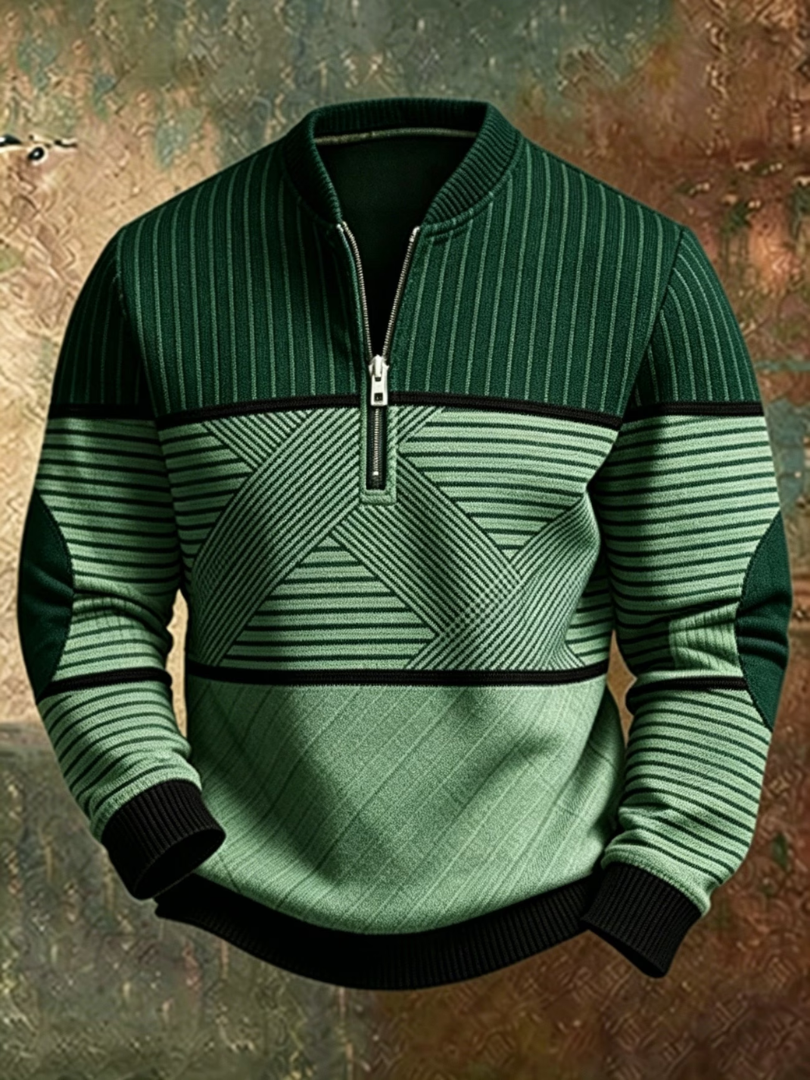 Green striped color block knit quarter zip sweater, front view