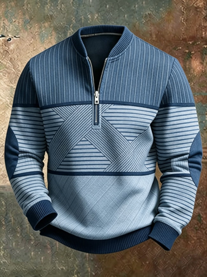 Blue color block knit quarter zip sweater with striped panels, front view