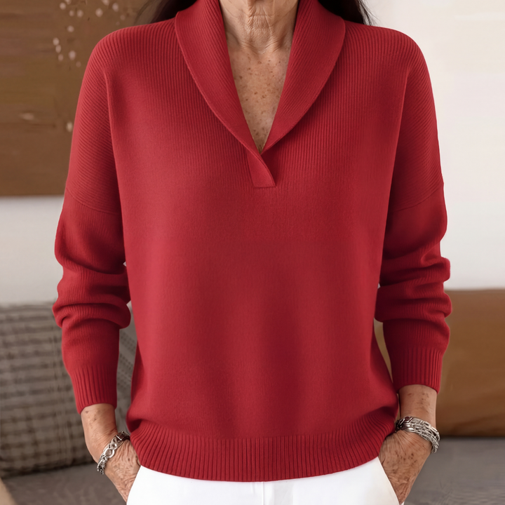 Red relaxed fit sweater with shawl collar, close front view with hands in pockets
