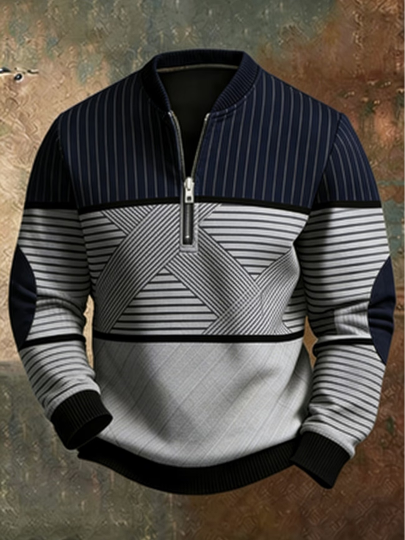 Men's quarter zip sweater in navy, striped color block knit with zipper placket