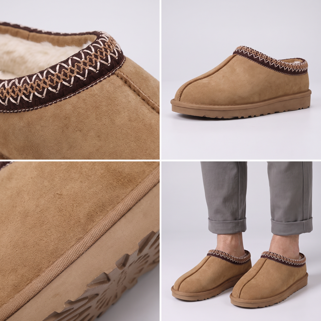Collage of the tan slippers showing the embroidered collar, sole tread and worn pair