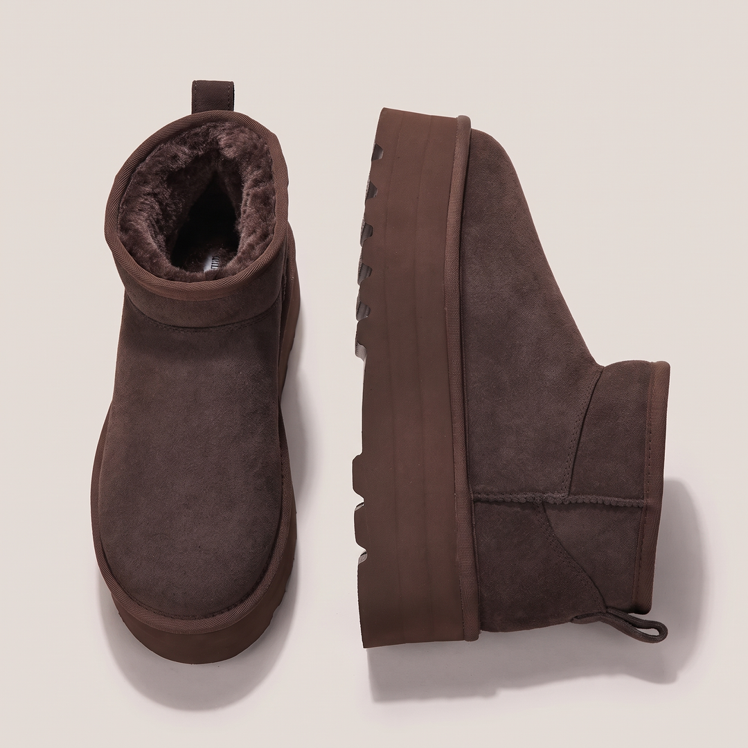 Pair of brown platform ankle boots showing the plush lining and side profile