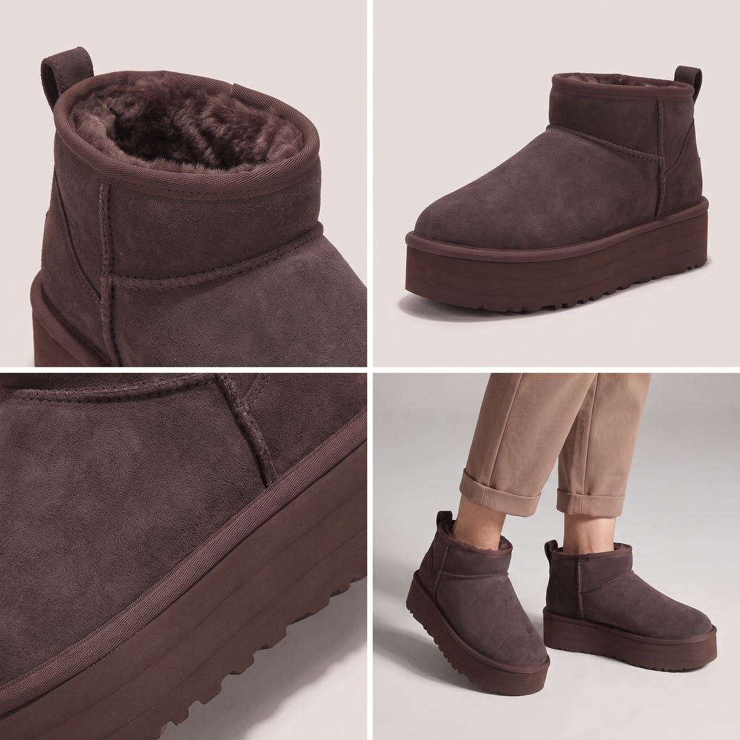 Collage of brown platform ankle boots with lining, side and on-foot views