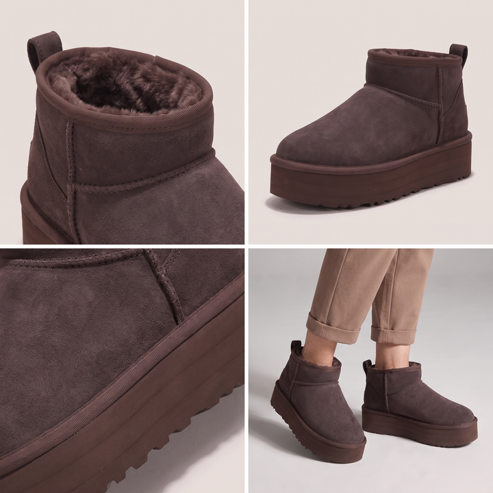 Collage of brown platform ankle boots with lining, side and on-foot views