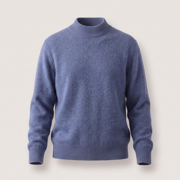 Blue relaxed mock neck sweater with long sleeves displayed on a light background