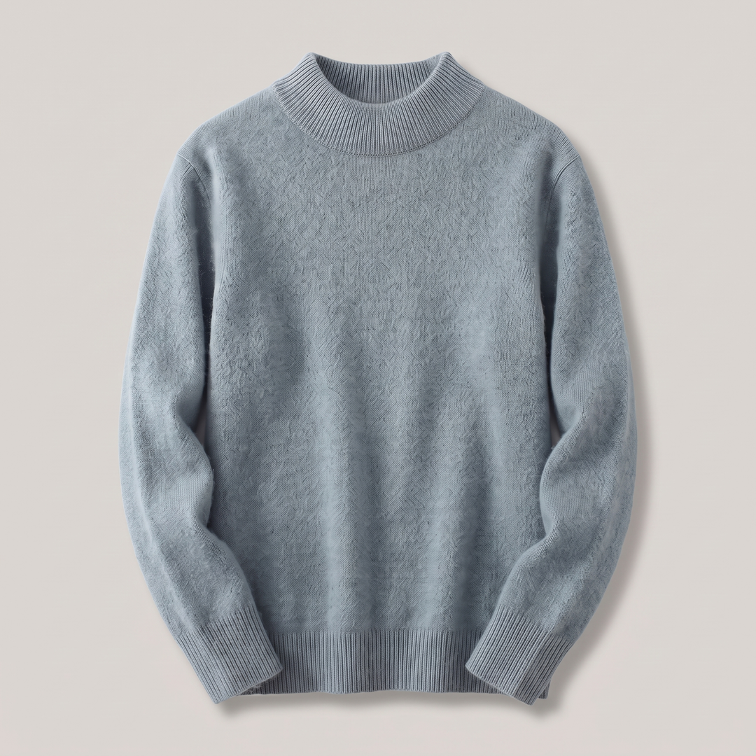 Sage mock neck sweater with ribbed collar and cuffs, front view