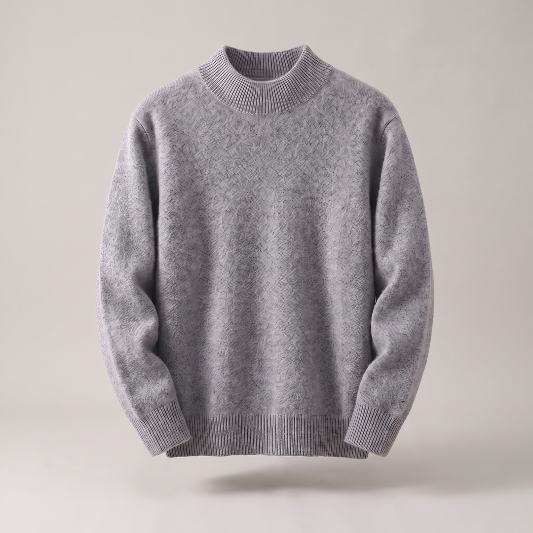 Gray fine knit mock neck sweater laid out with long sleeves, front view