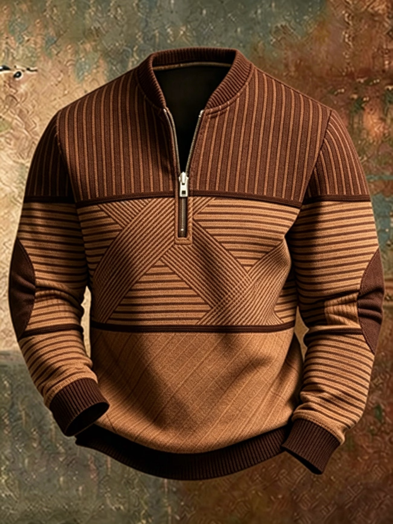 Rust striped color block quarter zip sweater with ribbed hem, front view