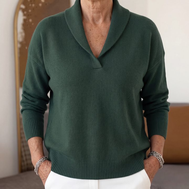 Dark green shawl collar sweater with long sleeves, front view