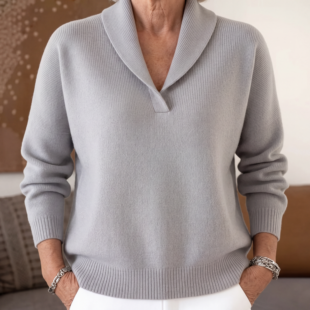 Light gray v neck sweater with shawl collar and ribbed cuffs