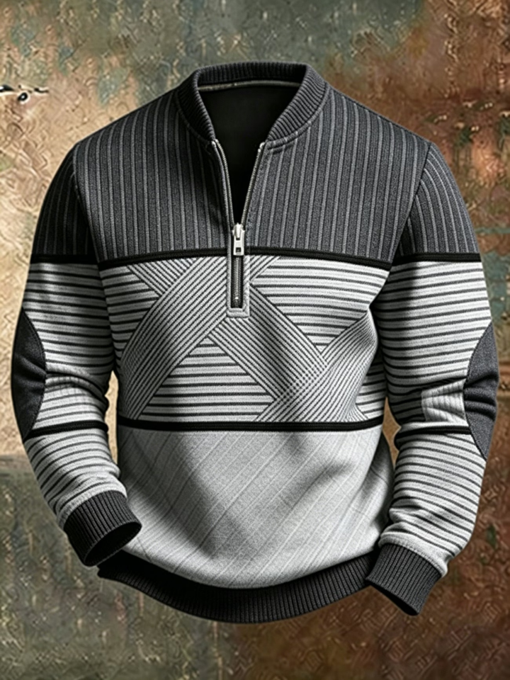 Gray striped color block quarter zip sweater with ribbed cuffs, front view