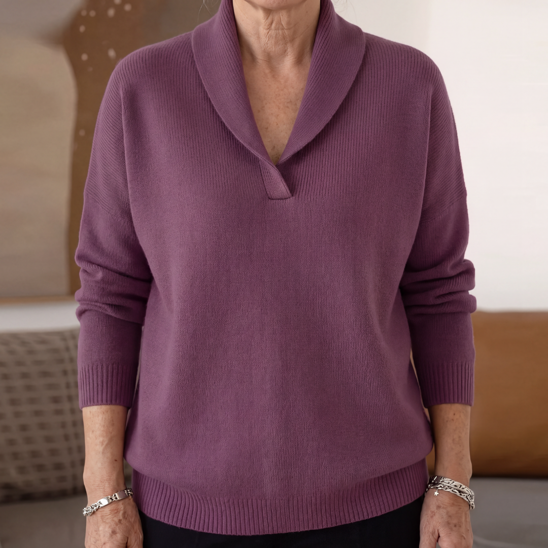 Plum purple relaxed fit sweater with a v neck and shawl collar