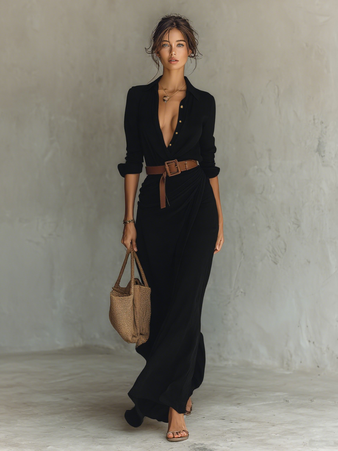 Black wrap maxi shirt dress with plunging neckline and brown belt