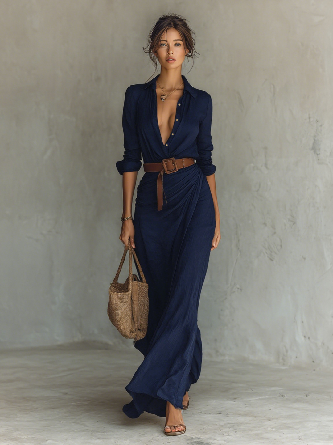 Navy maxi shirt dress with wrap front, belt and woven tote bag
