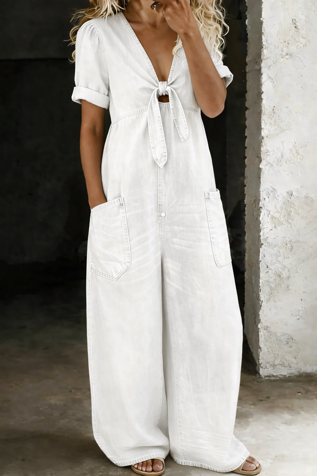 White V neck jumpsuit with wide legs and short sleeves, front view