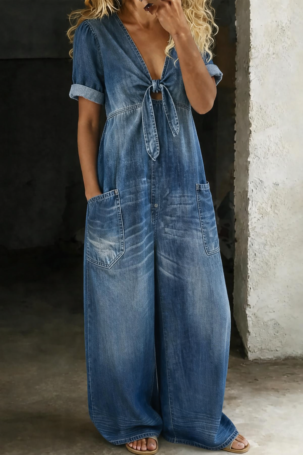 Women's denim-look jumpsuit in blue, V neck with short sleeves and wide leg