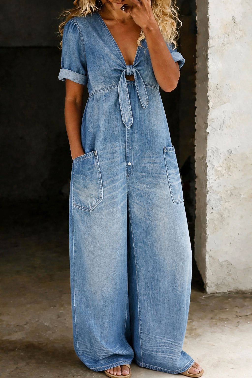 Light blue wide leg jumpsuit with tie front and large patch pockets