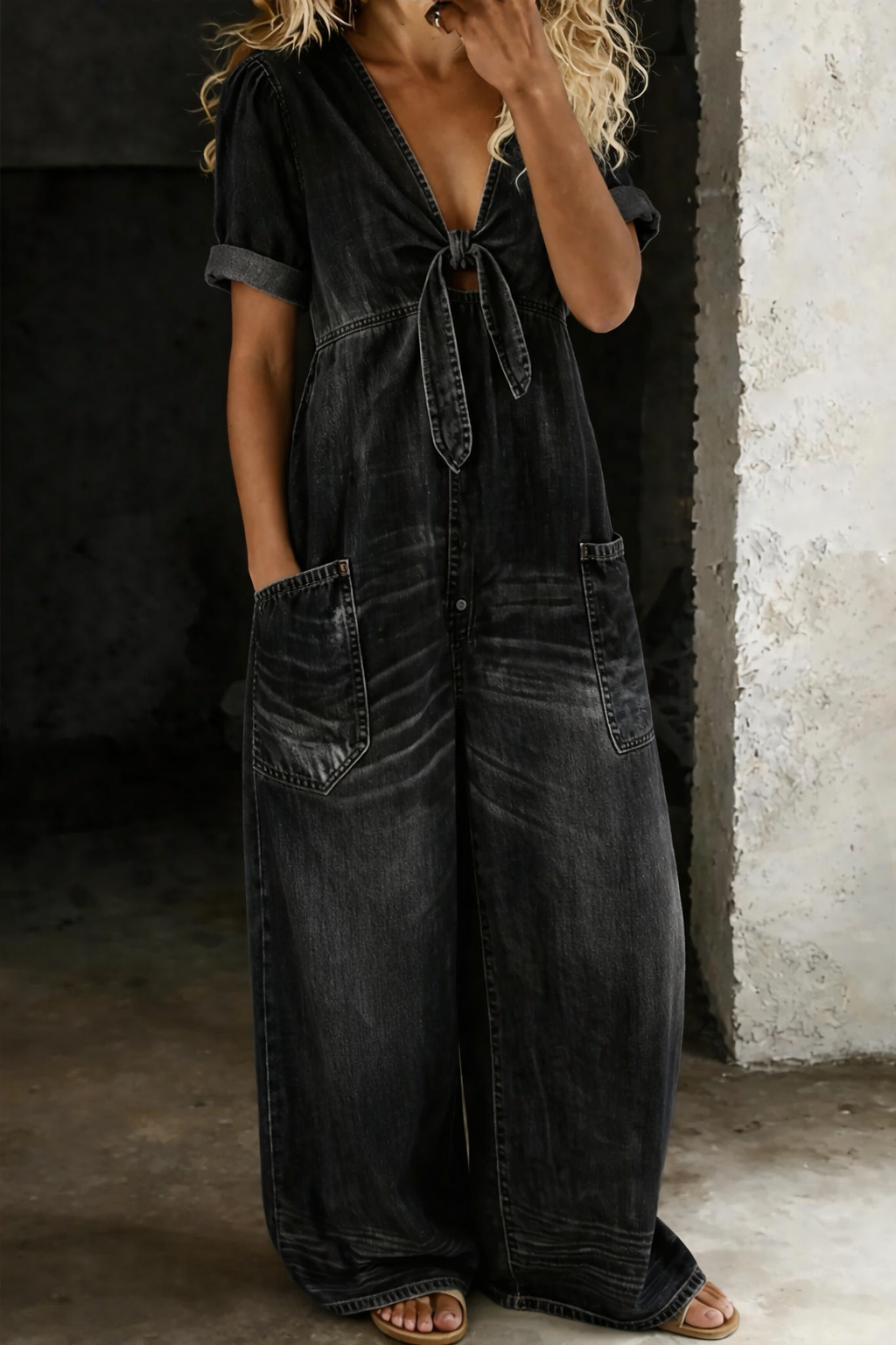 Black denim-look jumpsuit with V neck and relaxed wide legs, front view