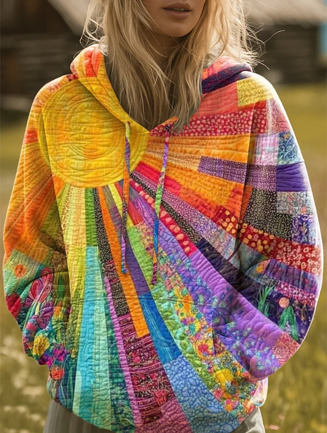 Women's patchwork hoodie with an oversized sunburst print in rainbow colors, worn outdoors