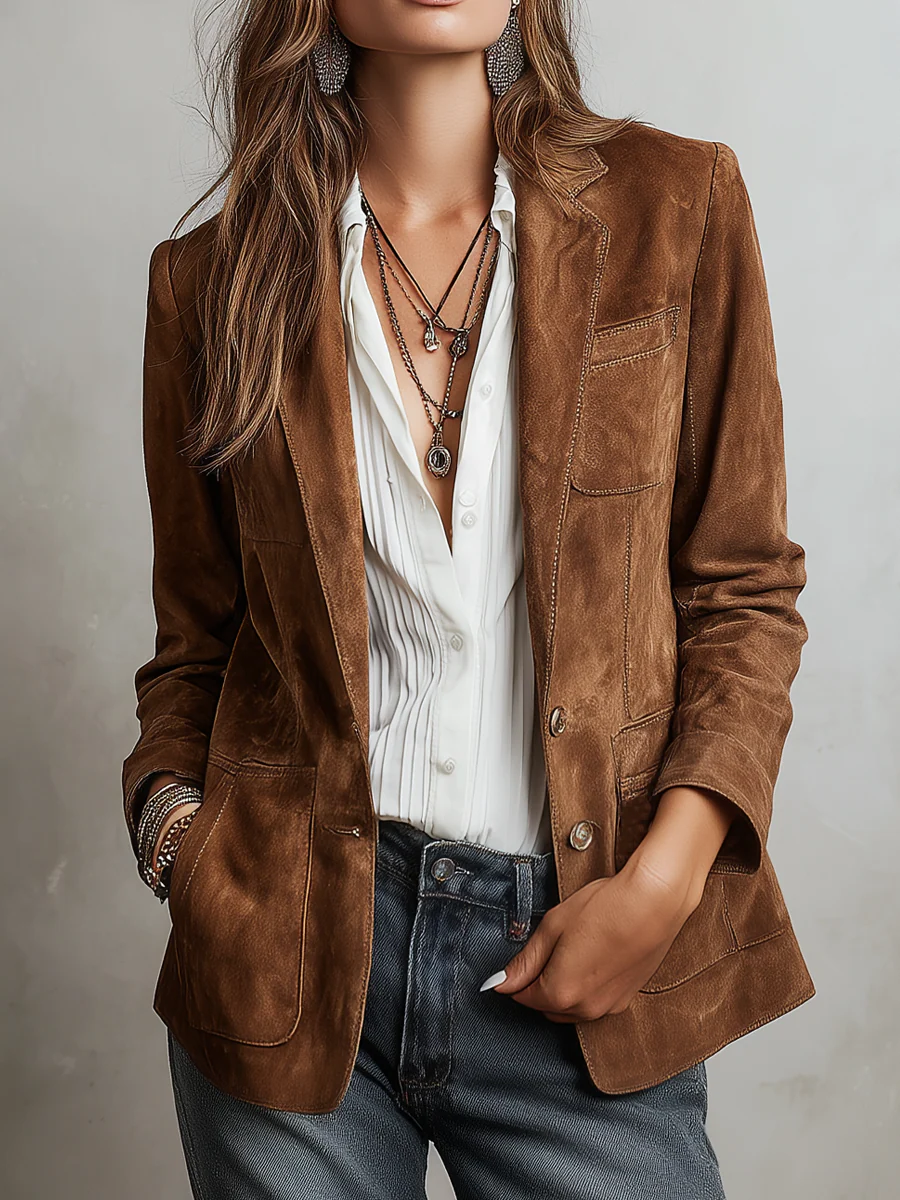 Women's suede-look blazer in tan brown, tailored single button, worn over white shirt and jeans