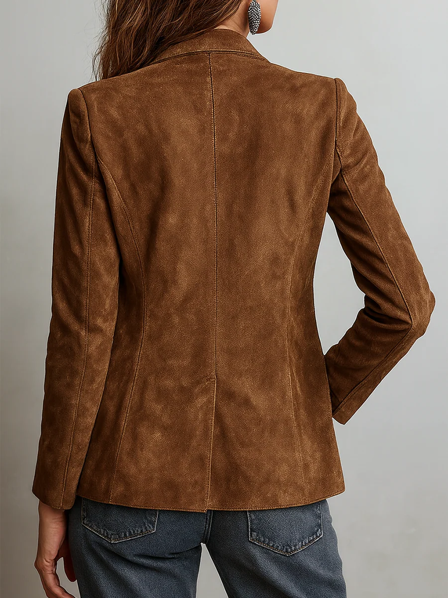 Back view of the brown suede-look blazer with hand in jeans pocket