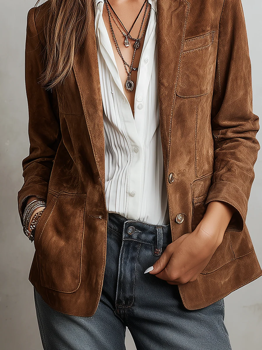 Brown tailored blazer styled open over a white striped shirt with hand in pocket