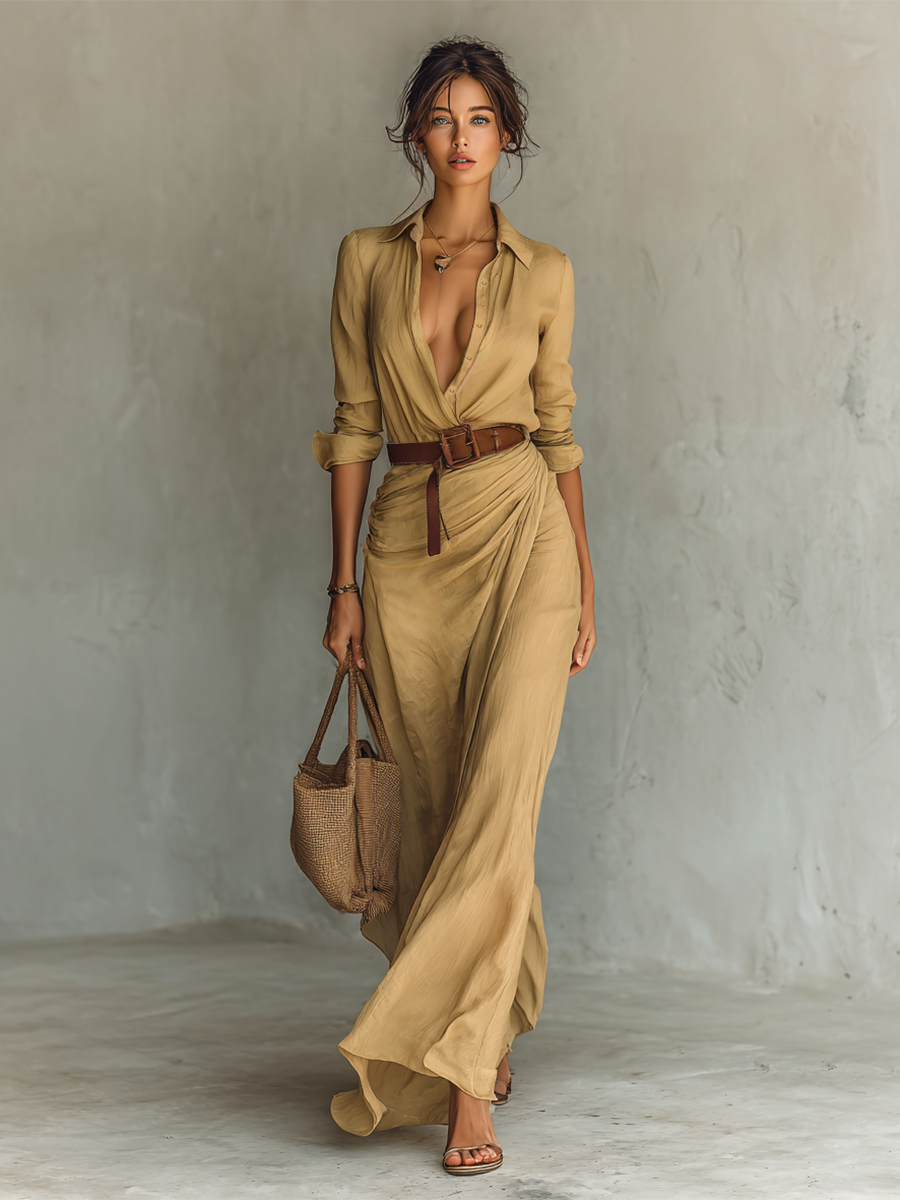 Khaki maxi shirt dress with rolled sleeves, belt and woven bag, full length
