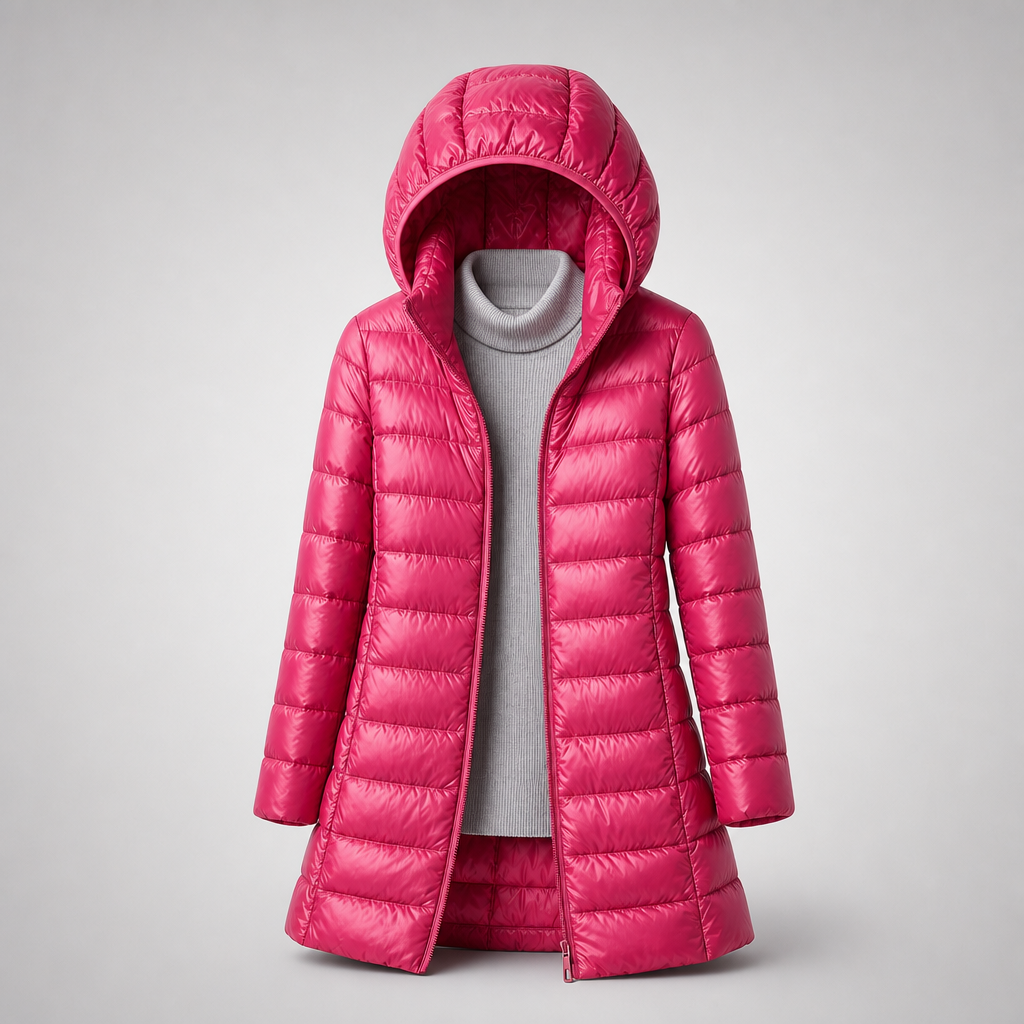 Burgundy long puffer coat with hood and quilted channels, open front