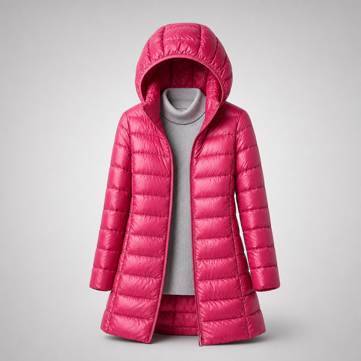 Burgundy long puffer coat with hood and quilted channels, open front