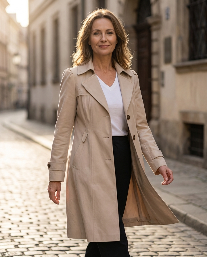 Full-length beige trench coat worn with a white top and dark pants
