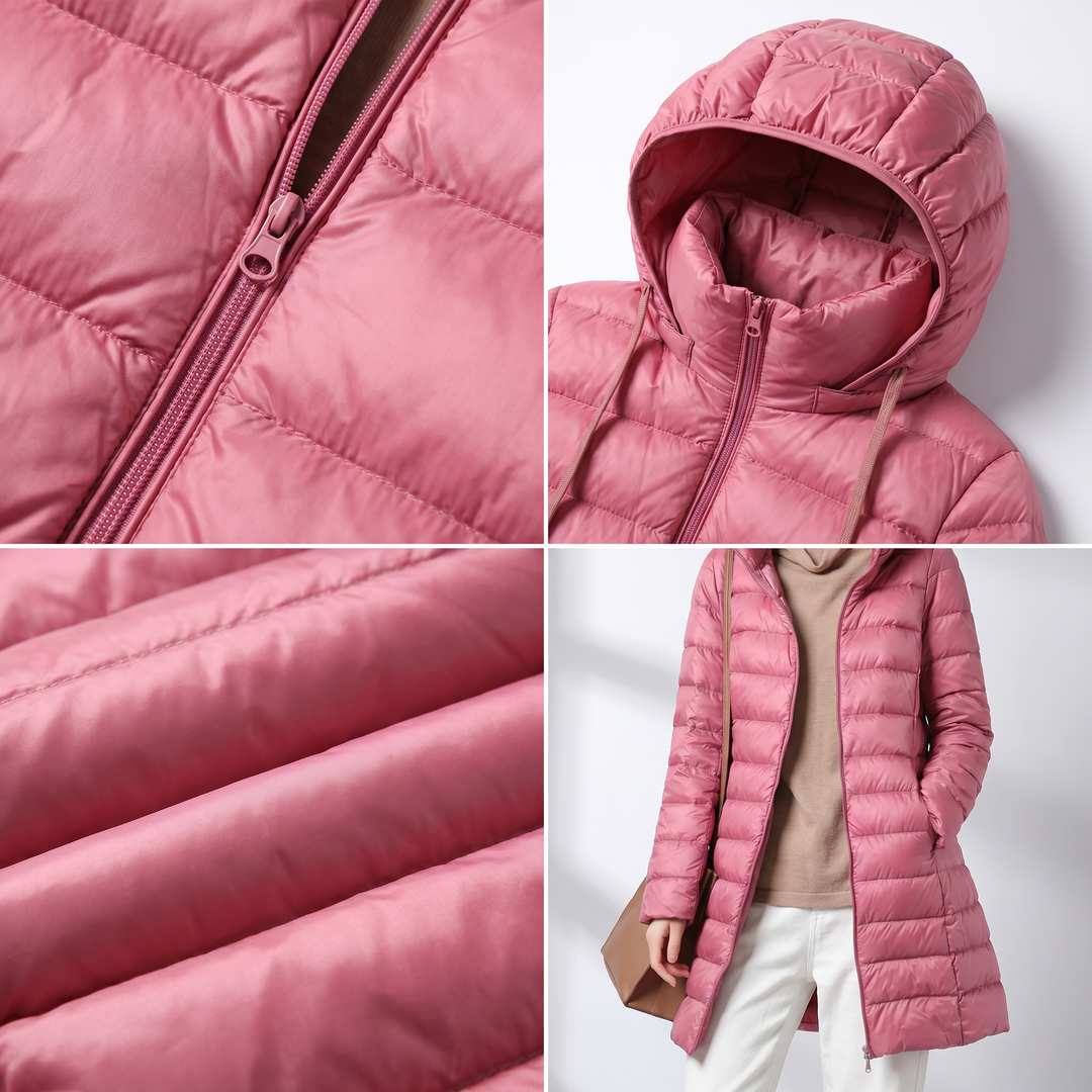 Collage of the pink puffer coat zipper, hood and quilting close-ups