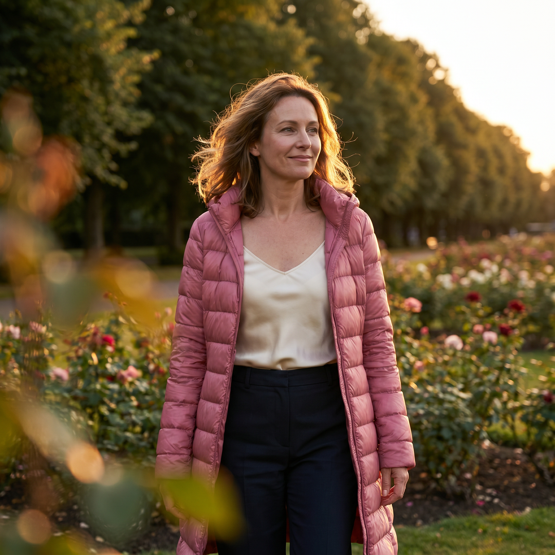 Pink long puffer coat styled with a cream top and dark pants in a garden