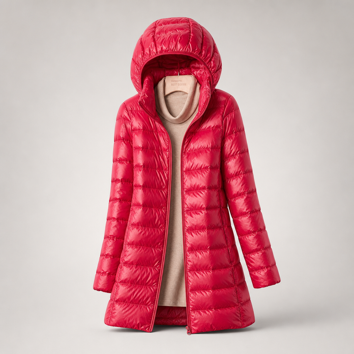 Fuchsia hooded puffer coat worn open, front view with a beige top