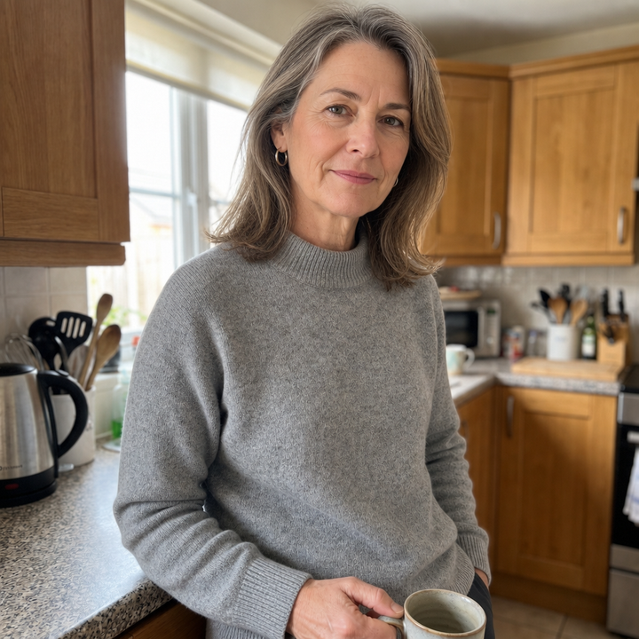 Woman wearing the gray mock neck sweater in a kitchen holding a mug
