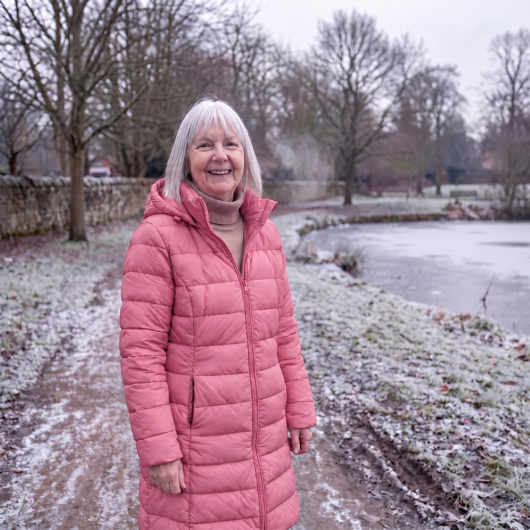 Pink hooded quilted puffer coat worn on a frosty countryside path