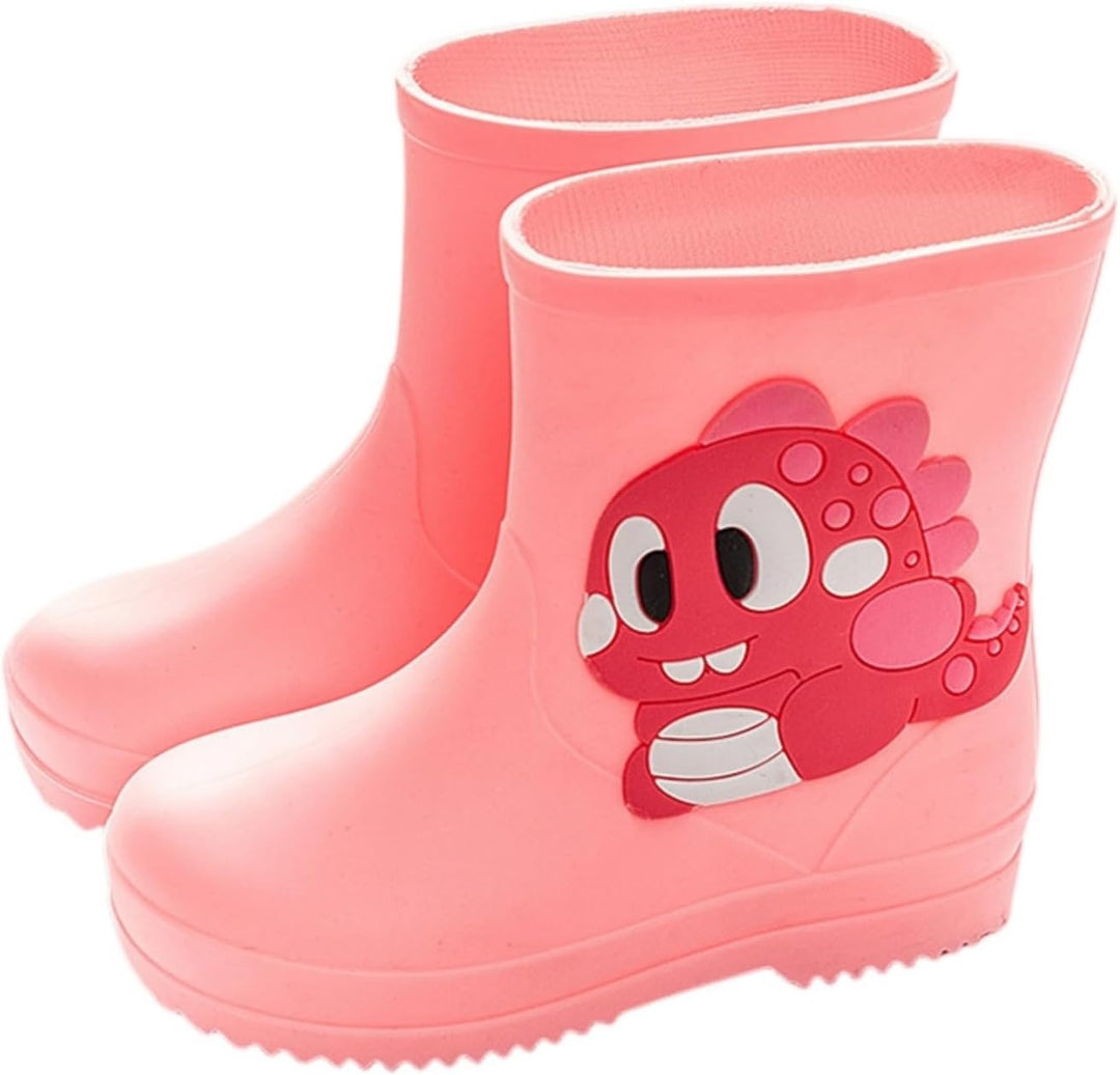Kids toddler rain boots in pink with a red dinosaur design, easy pull on
