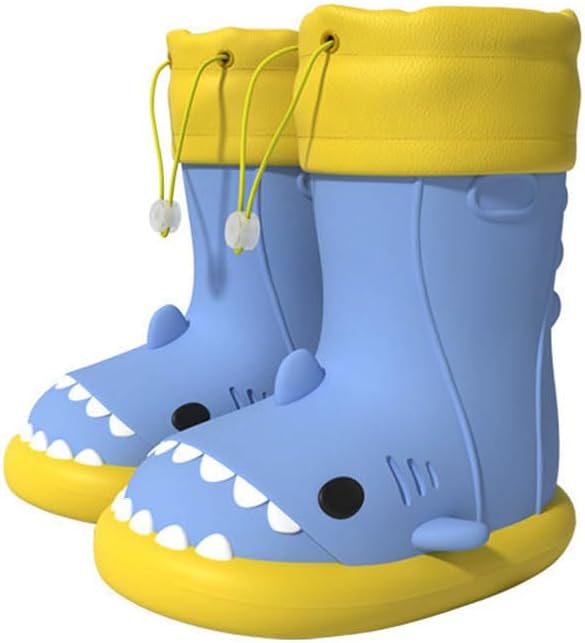 Pair of blue shark design toddler rain boots with yellow drawstring cuff