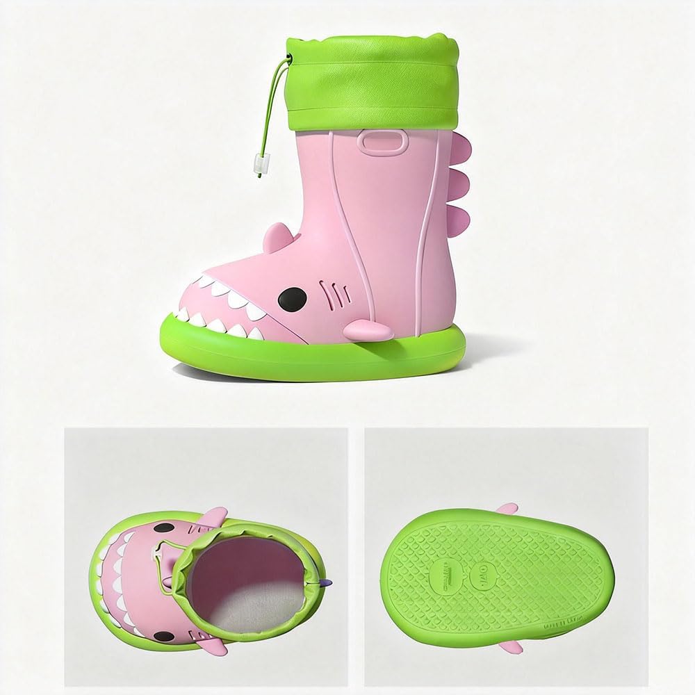 Pink shark rain boot with the inside and green sole shown below