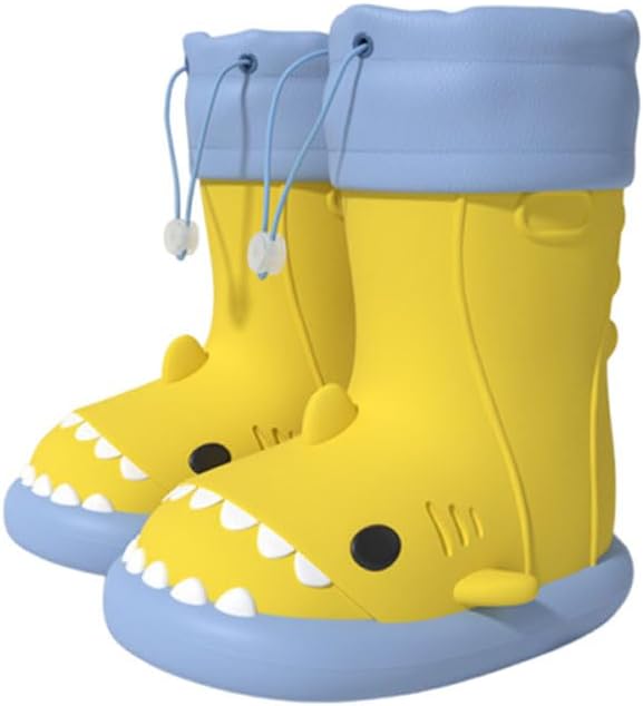 Yellow shark design rain boots with blue sole and drawstring cuff