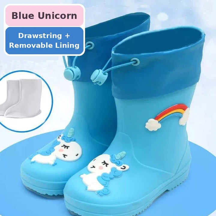 Kids toddler rain boots with unicorn design in blue