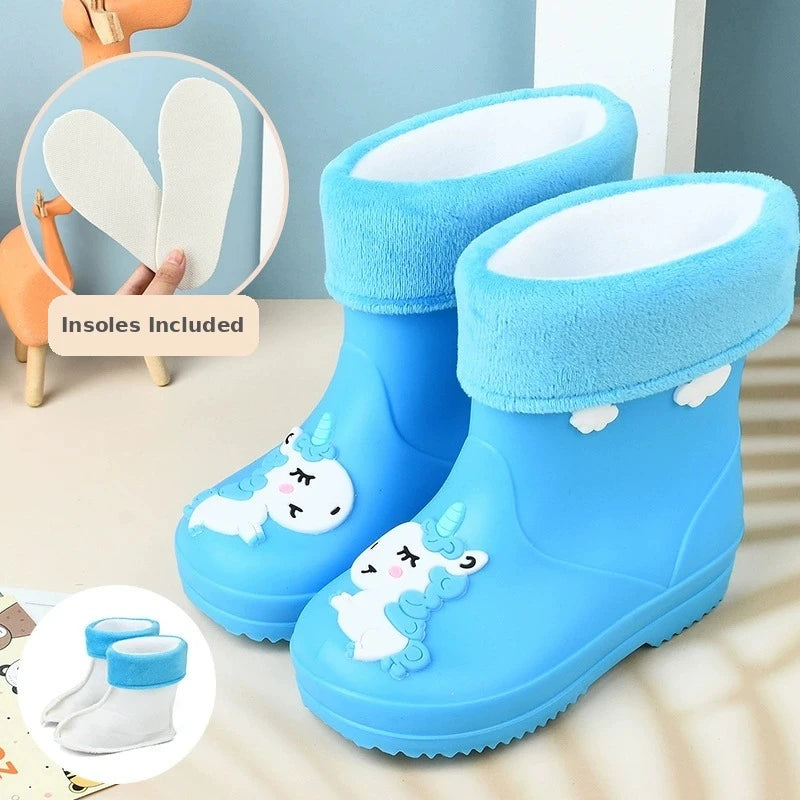 Kids toddler rain boots with unicorn design in blue
