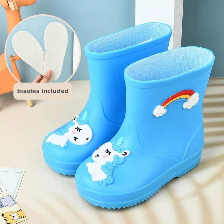 Kids toddler rain boots with unicorn design in blue