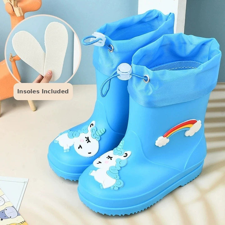 Kids toddler rain boots with unicorn design in blue