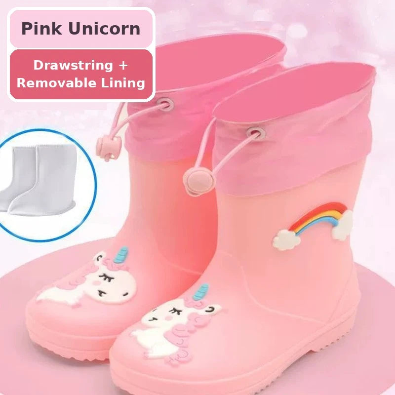 Kids toddler rain boots with unicorn design in pink
