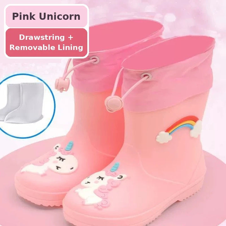Kids toddler rain boots with unicorn design in pink