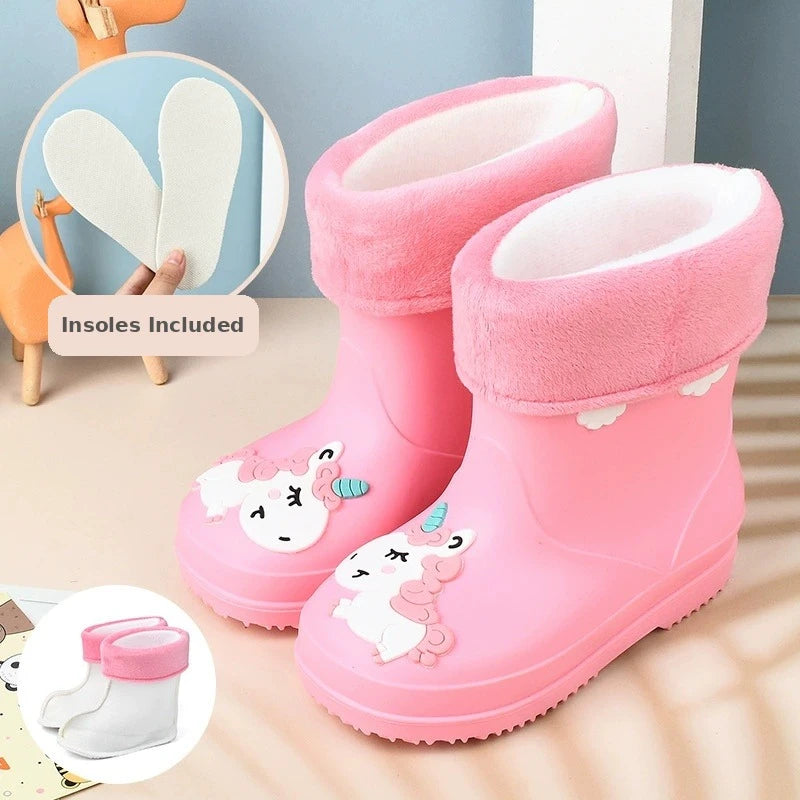 Kids toddler rain boots with unicorn design in pink