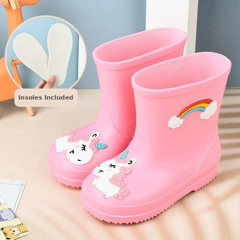 Kids toddler rain boots with unicorn design in pink