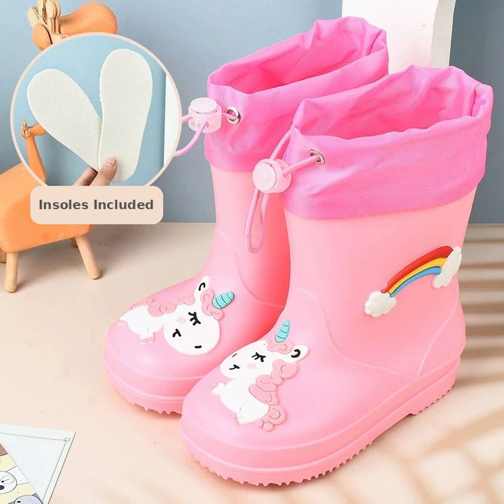 Kids toddler rain boots with unicorn design in pink