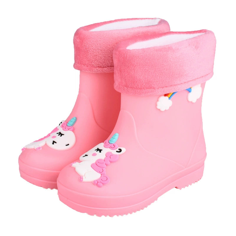 Kids toddler rain boots in pink with unicorn design and fleece cuff, pair view